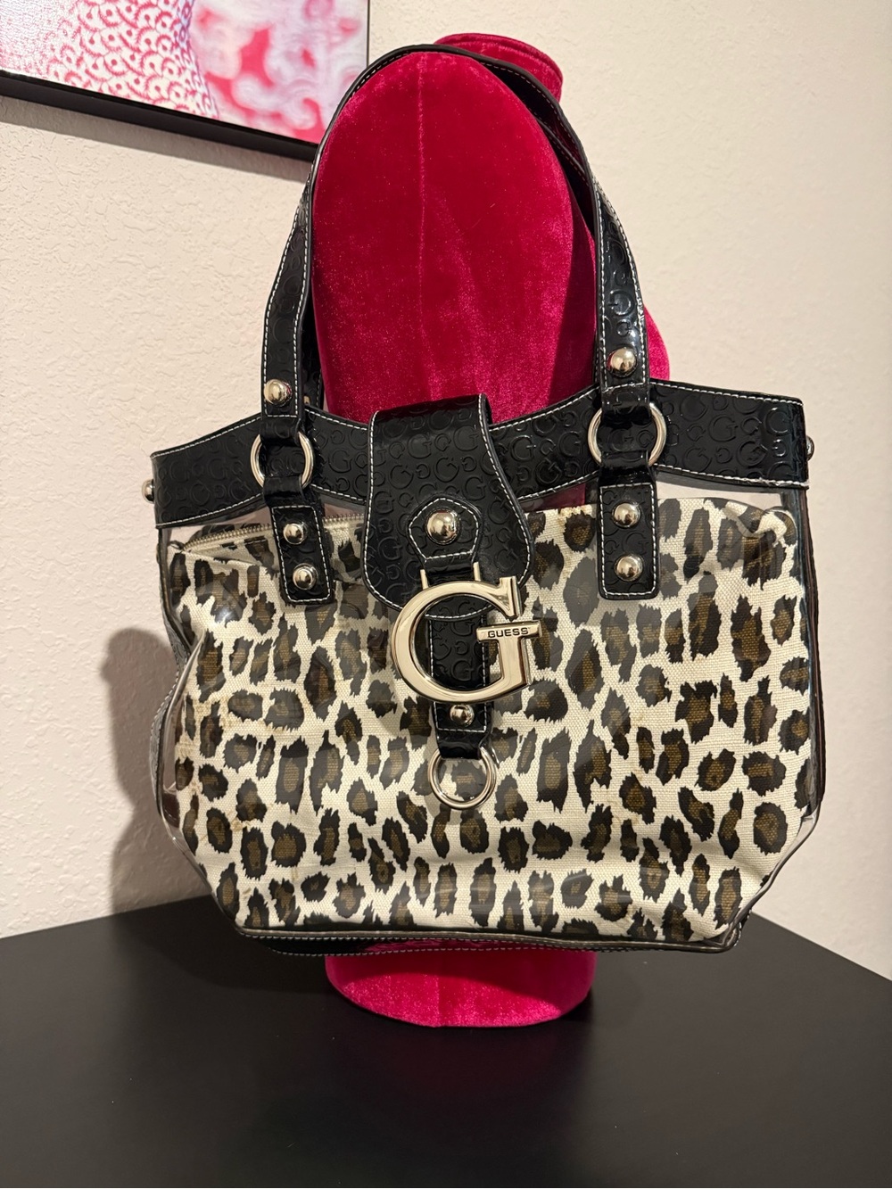 Vintage GUESS Clear Tote Bag with leopard interior and Black Trim